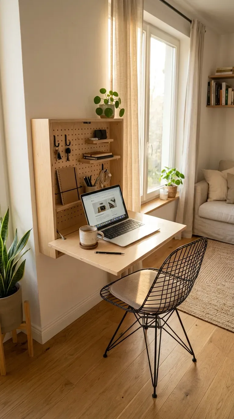 13 Genius Small Apartment Living Rooms You Need to Copy 13 Fold-down wall desk in a tiny apartment corner