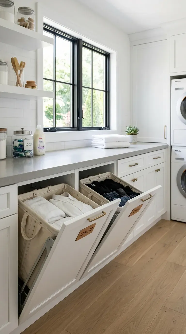 Custom base cabinets with large tilt-out doors hiding canvas laundry hampers