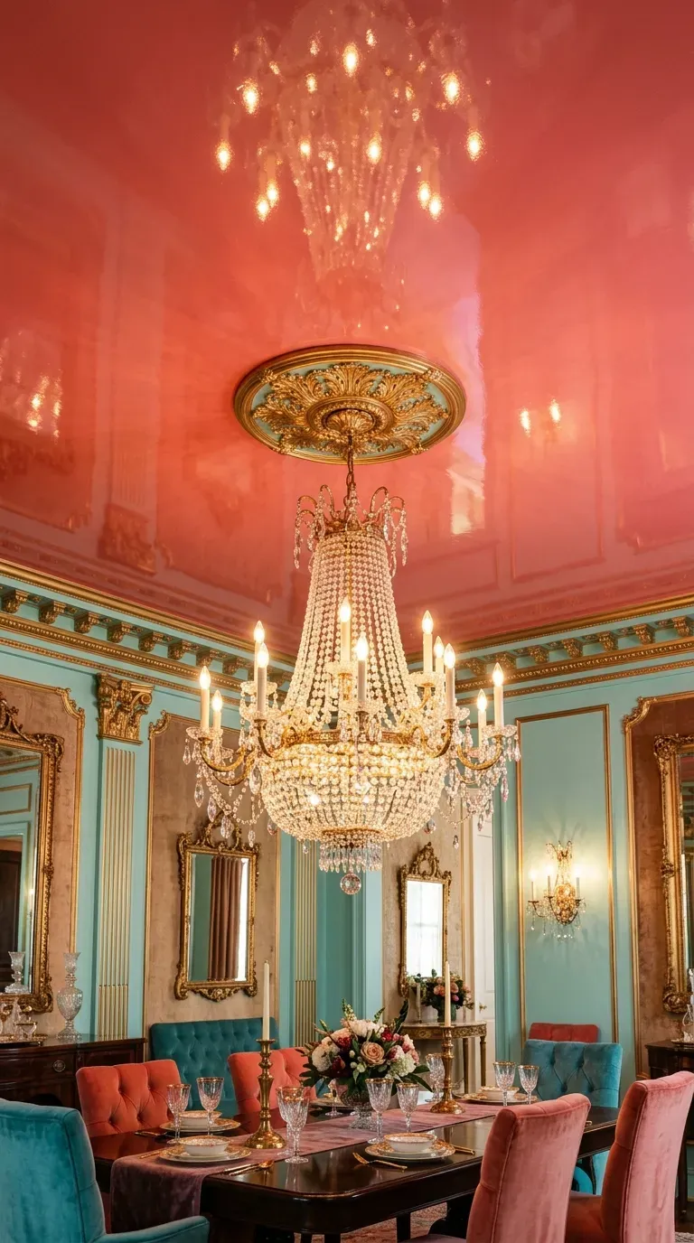 A dining room with an ultra-glossy coral pink painted ceiling