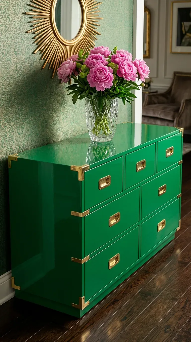 A vintage campaign dresser painted in a high-gloss emerald green lacquer