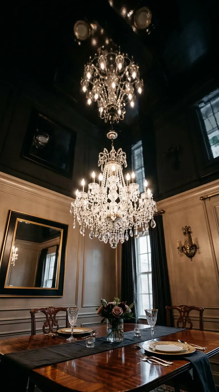 10 Must-Try Small Dining Room Ideas That Look Expensive 11 A luxurious dining room with a highly reflective, glossy black painted ceiling