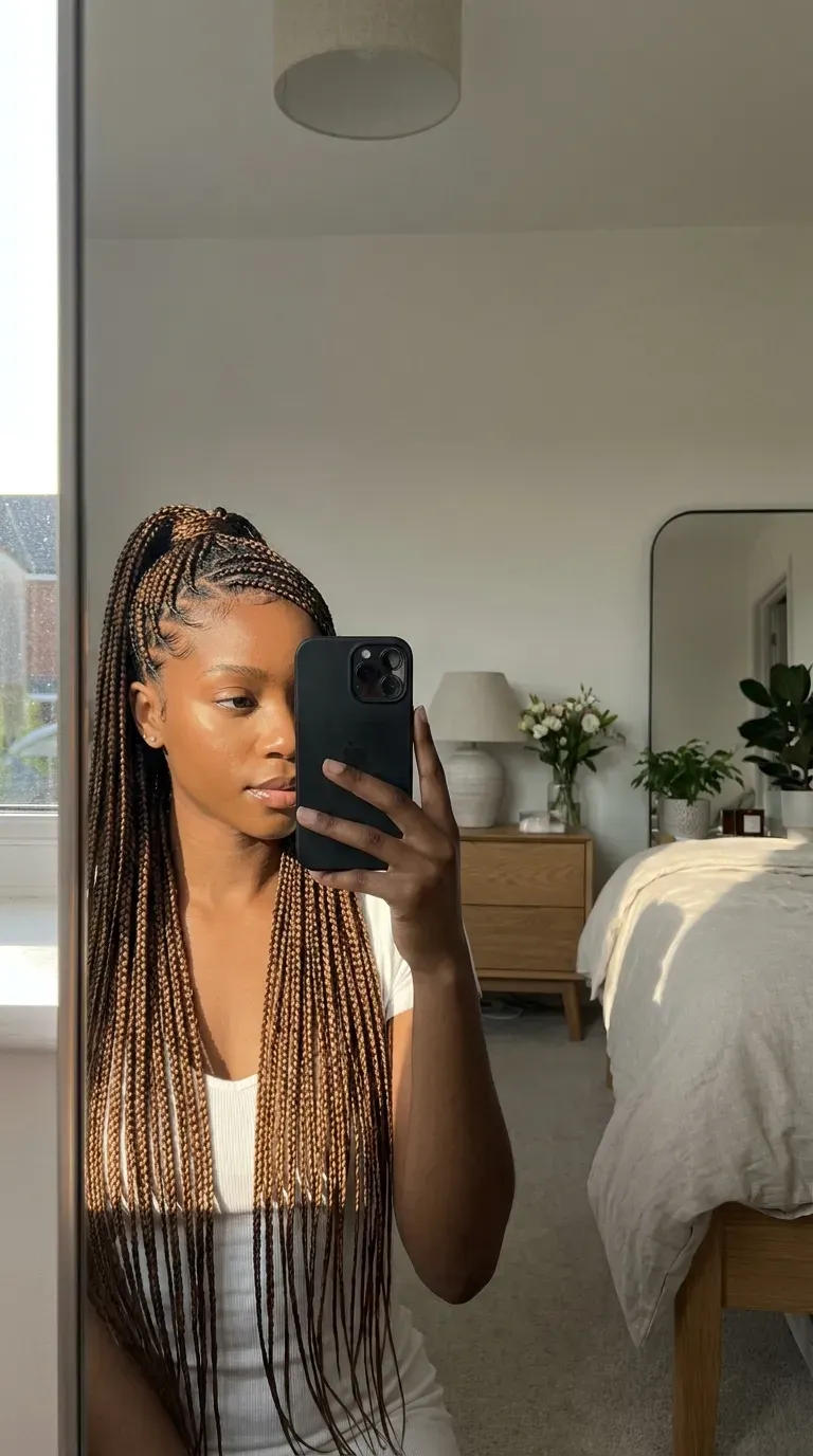 Woman with a high ponytail of micro braids taking an iPhone mirror selfie.