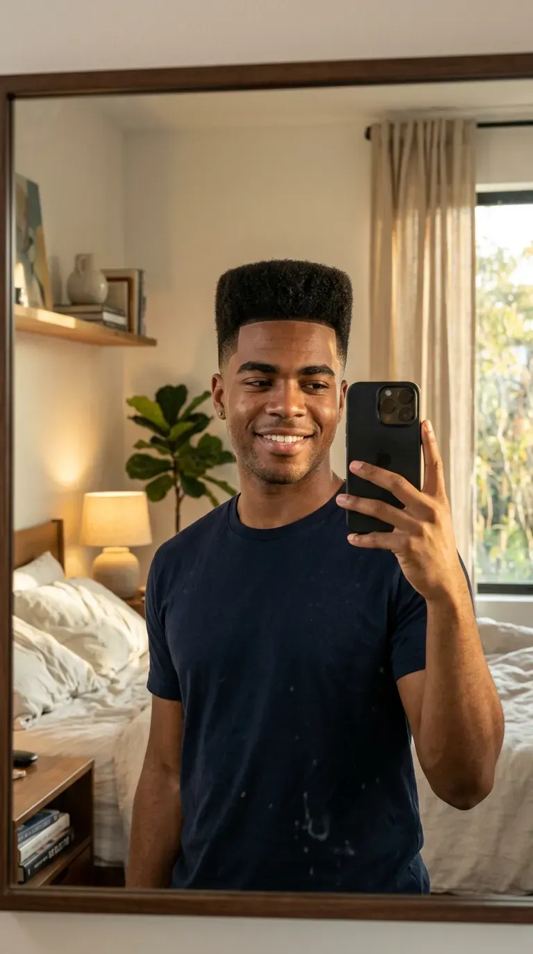 7 Haircut Ideas for Black Men That Are Stylish, Sharp, and Always on Trend 4 Black man with a high top fade taking an iPhone mirror selfie.