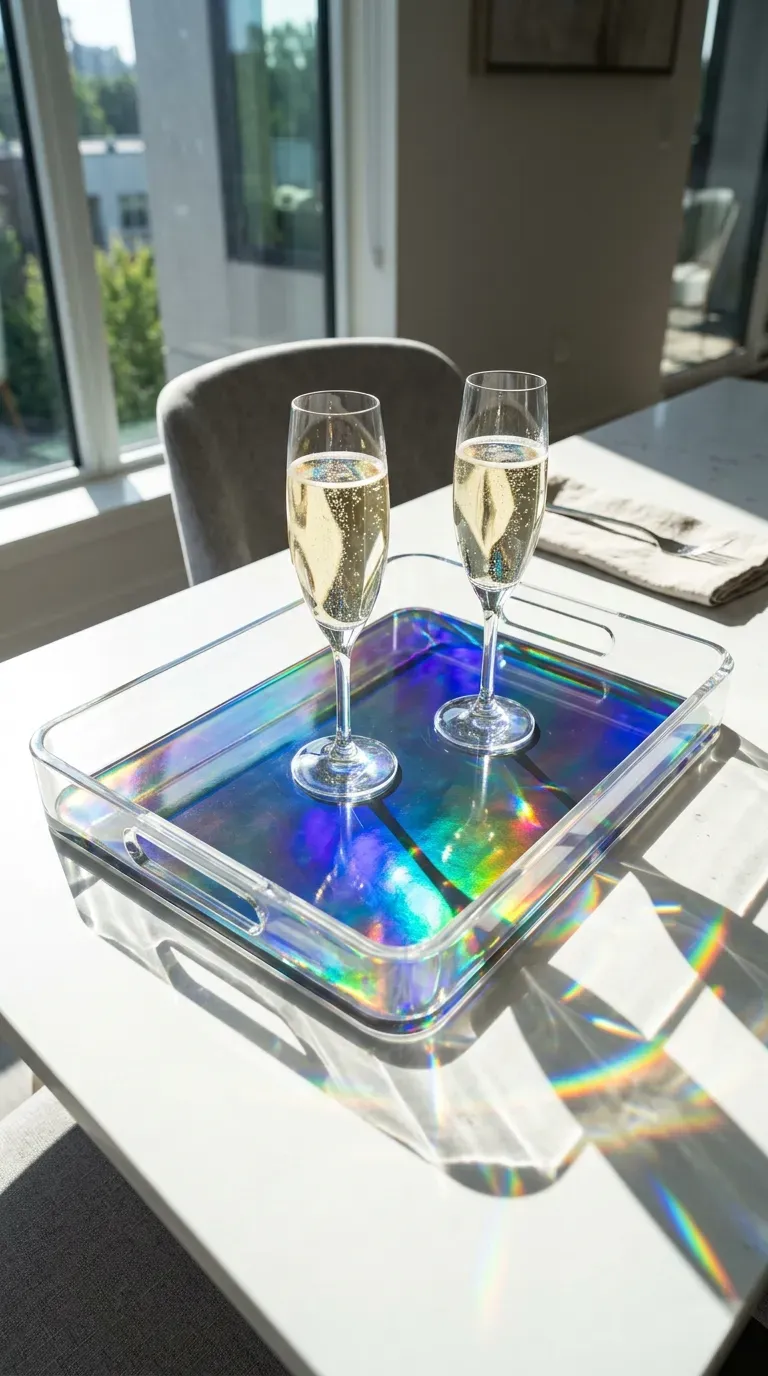 A clear resin serving tray reflecting rainbow holographic light