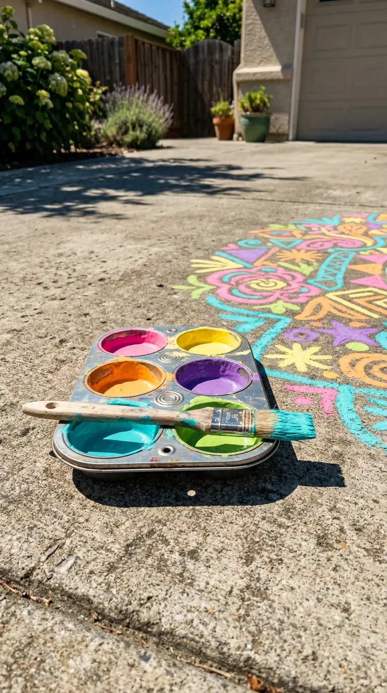 18 Fun Summer Craft Activities for Any Age 7 Colorful homemade sidewalk chalk paint in cups beside painted designs on a driveway