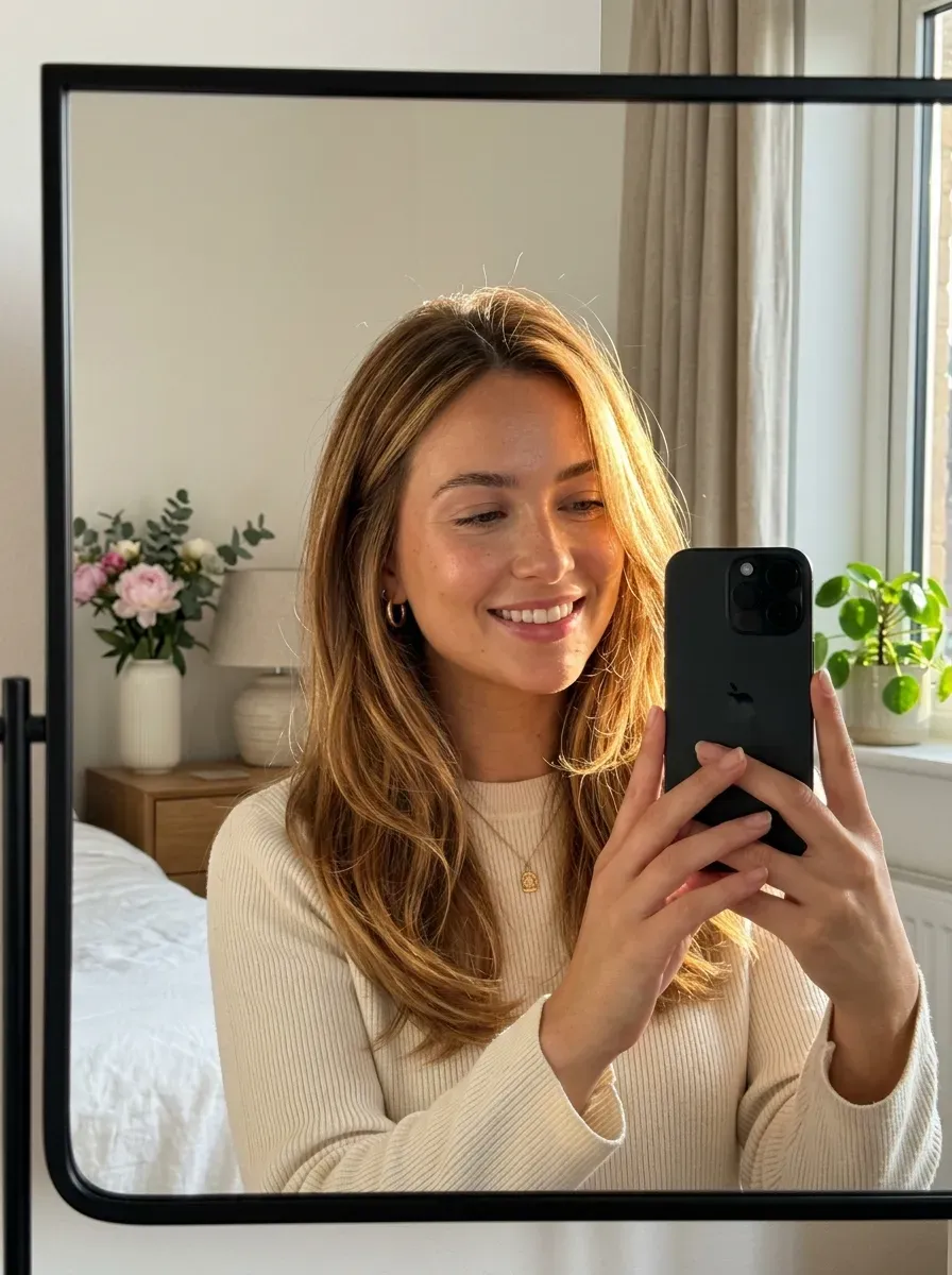 7 Caramel Hair Color Ideas That Add Warmth, Shine, and Dimension 3 Woman with honey caramel highlights taking an iPhone mirror selfie.
