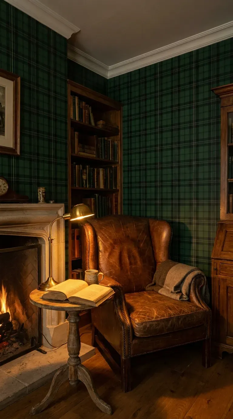 15 Gorgeous Green Aesthetic Wallpaper Ideas You Need to Try 10 A cozy study room decorated with rich hunter green plaid wallpaper