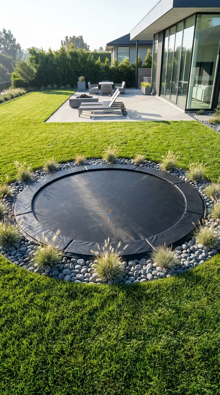 10 Must-Try Fun Outdoor Play Area Ideas Kids Will Love 8 A sleek in-ground trampoline flush with the lawn surrounded by landscaping