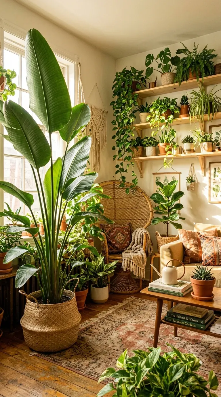 15 Genius Bohemian Home Decor Ideas You Need to Try 6 A sun-drenched living room overflowing with lush green houseplants