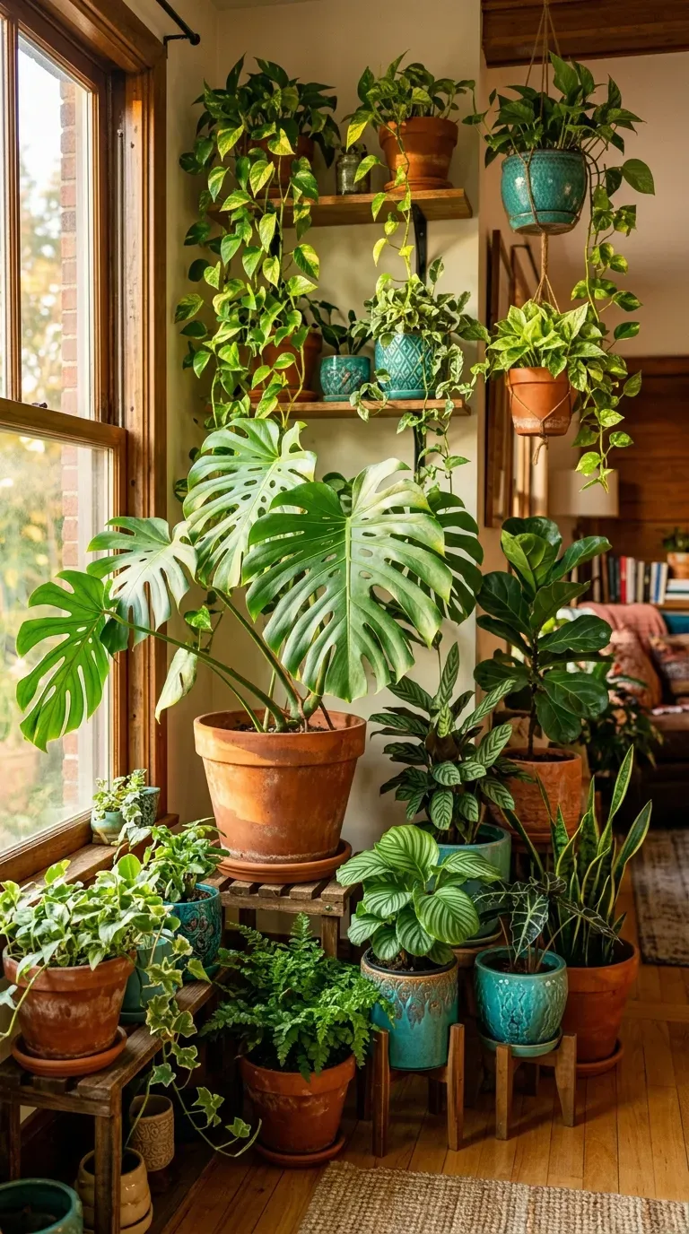 A lush indoor plant corner featuring vibrant green leaves and terracotta pots