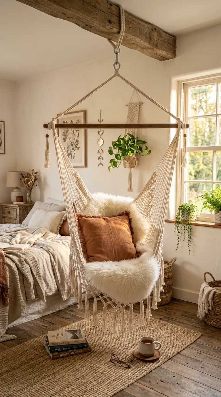 15 Genius Bohemian Home Decor Ideas You Need to Try 14 A cozy macrame hammock chair hanging inside a sunlit bedroom