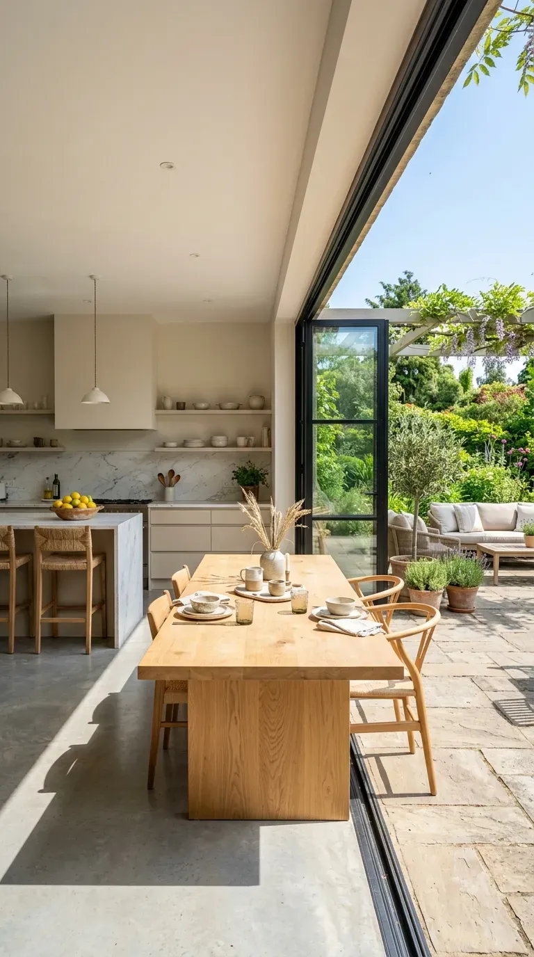 An open kitchen with large bifold doors opening to a patio