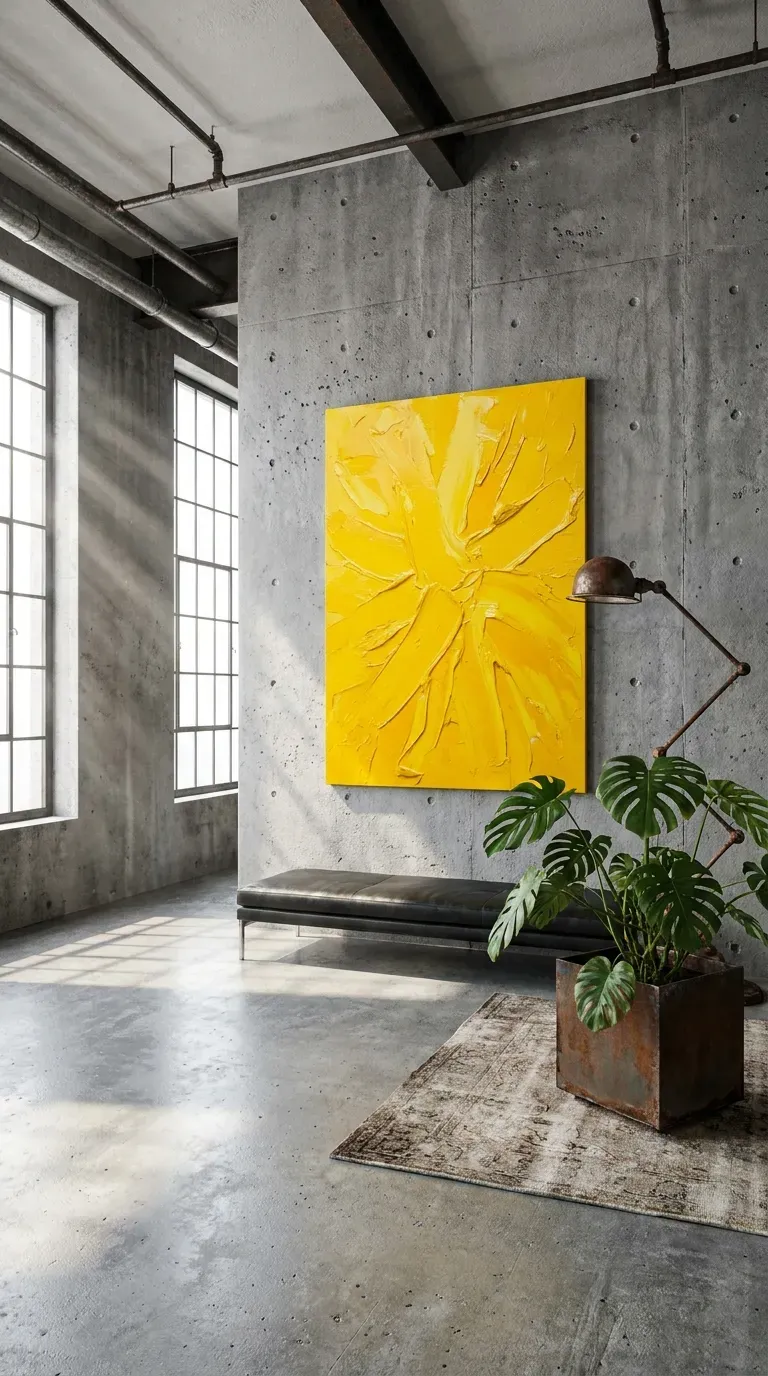 12 Genius Yellow and Gray Color Combo Ideas You Need to Try 4 An industrial loft with gray concrete walls and large sunburst yellow art