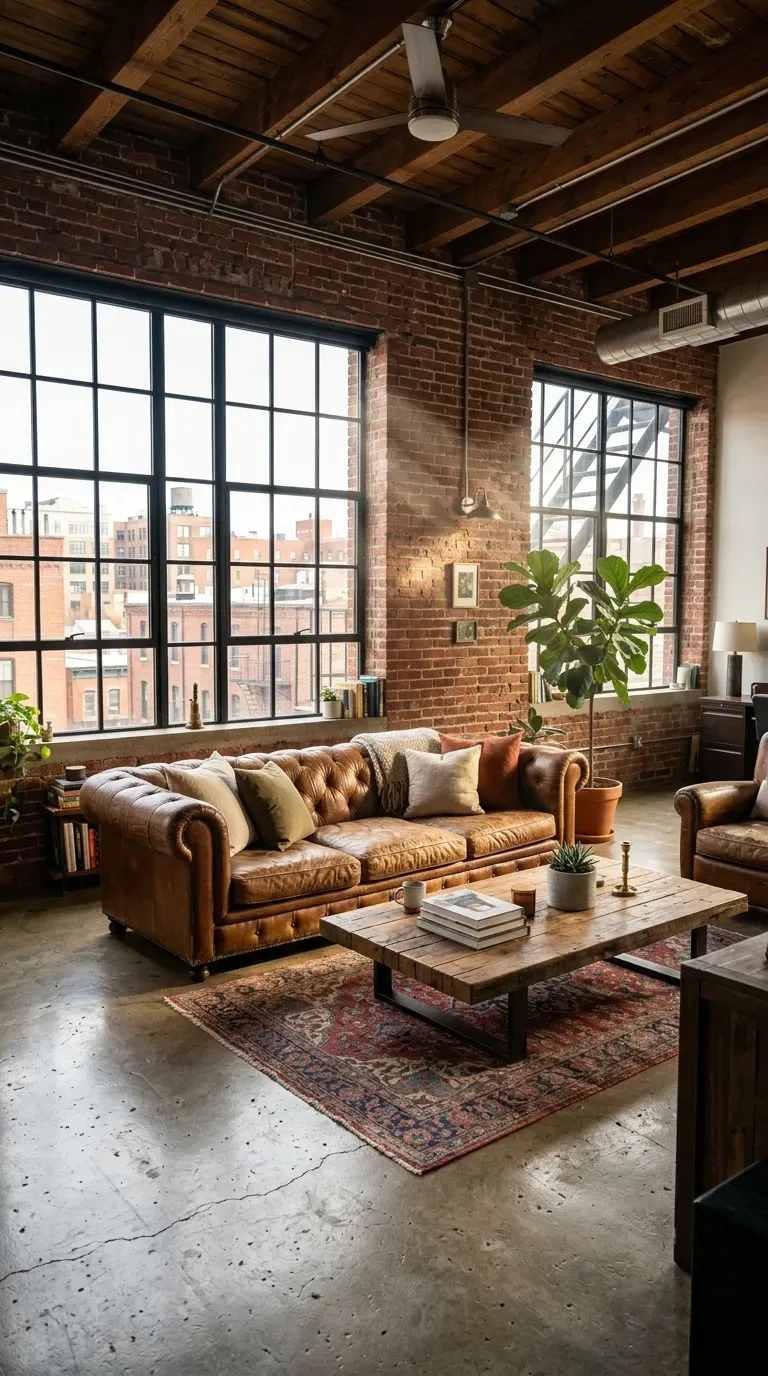 15 Genius Modern Living Room Designs You Need to See 6 An industrial style living room with exposed brick walls and a cognac leather sofa