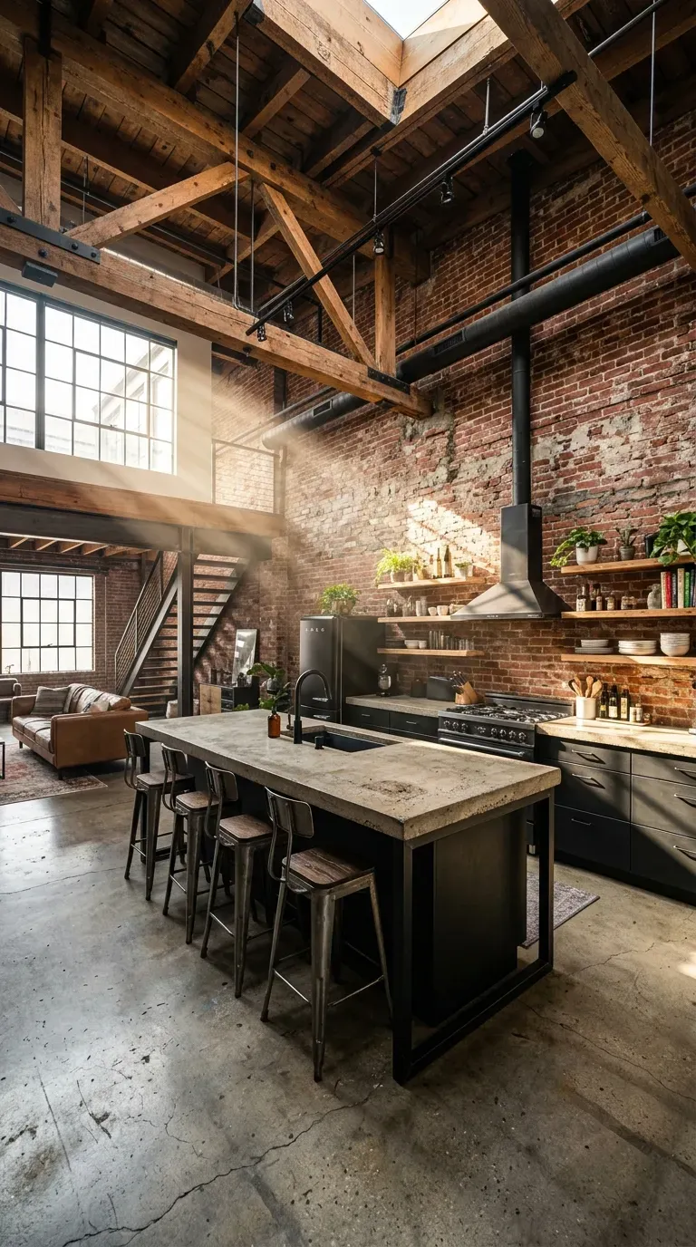 An industrial open kitchen with exposed wooden ceiling beams and brick
