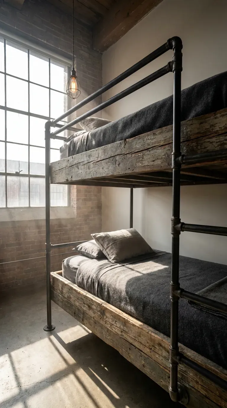 10 Must-Try Bunk Bed Room Ideas That Look Stunning 8 An urban bedroom with bunk beds made of black steel pipes and distressed wood