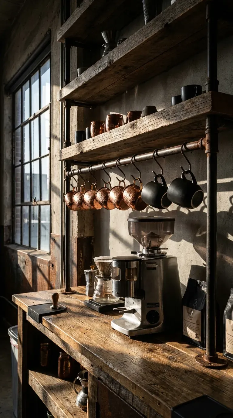 15 Genius Coffee Corner Ideas You Need to Try 15 An industrial coffee station made from iron pipes and reclaimed wood