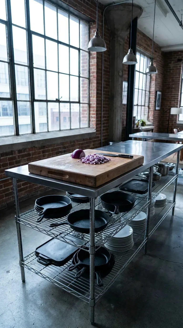 A commercial stainless steel wire shelf used as an open kitchen island
