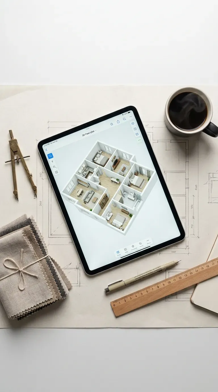 10 Genius Small Room Ideas to Maximize Your Space 11 A glowing tablet displaying a 3D floor plan layout