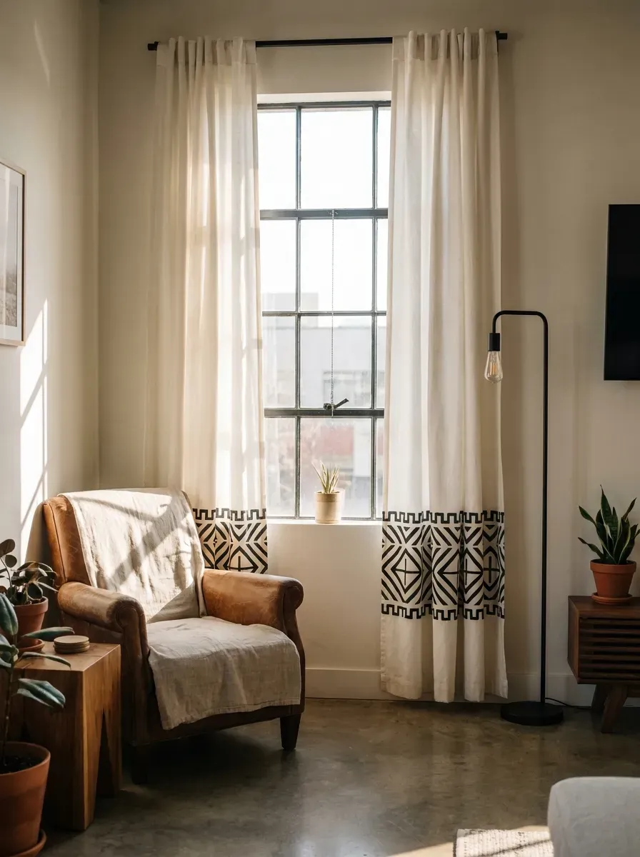 13 Genius Cricut Home Decor Projects You Need to Try 13 White canvas curtains upgraded with a chic geometric black iron-on pattern