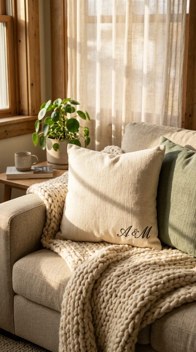 21 Easy Cricut Home Decor Projects You'll Love 17 A linen throw pillow personalized with an iron-on vinyl monogram design on a sofa