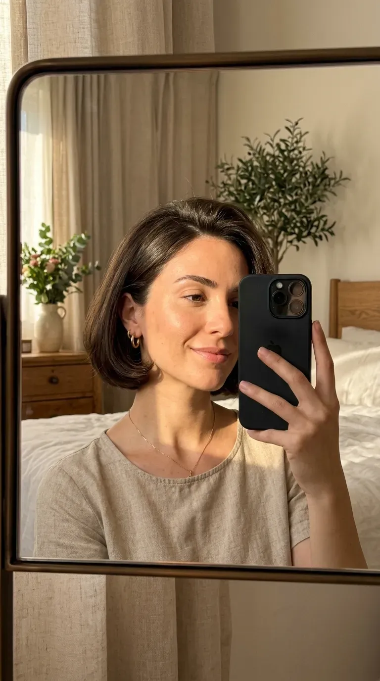 Woman with an Italian bob taking an iPhone mirror selfie.