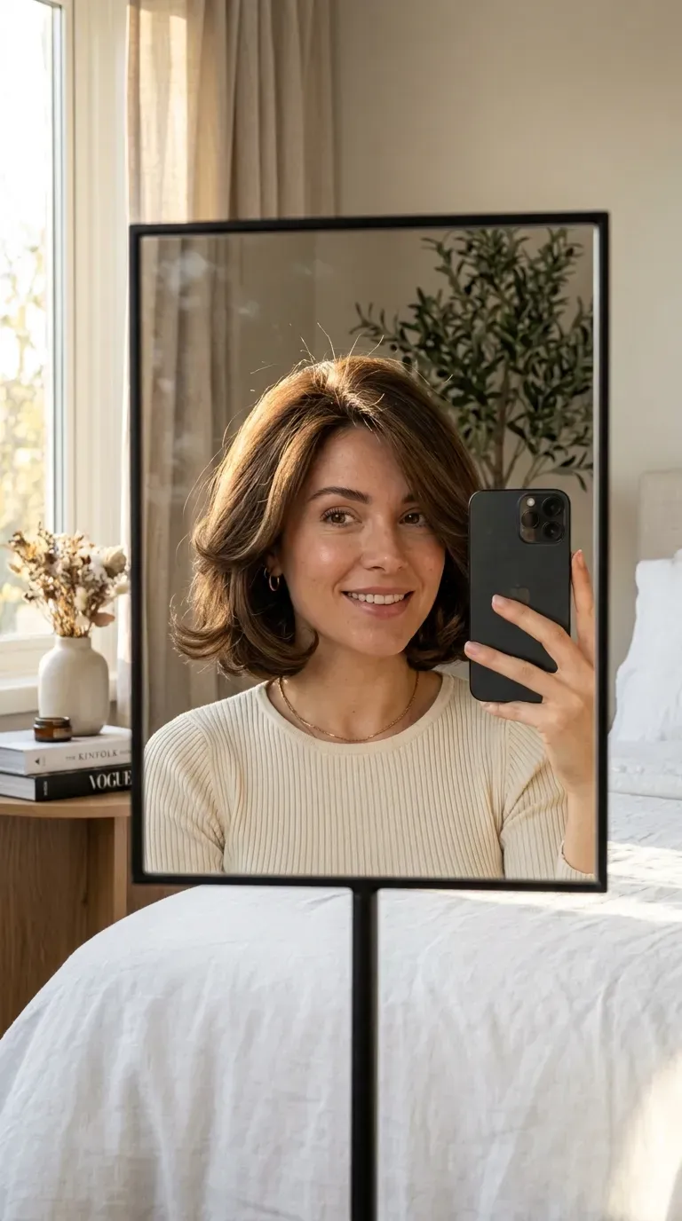 Elegant woman with an Italian bob taking an iPhone mirror selfie.