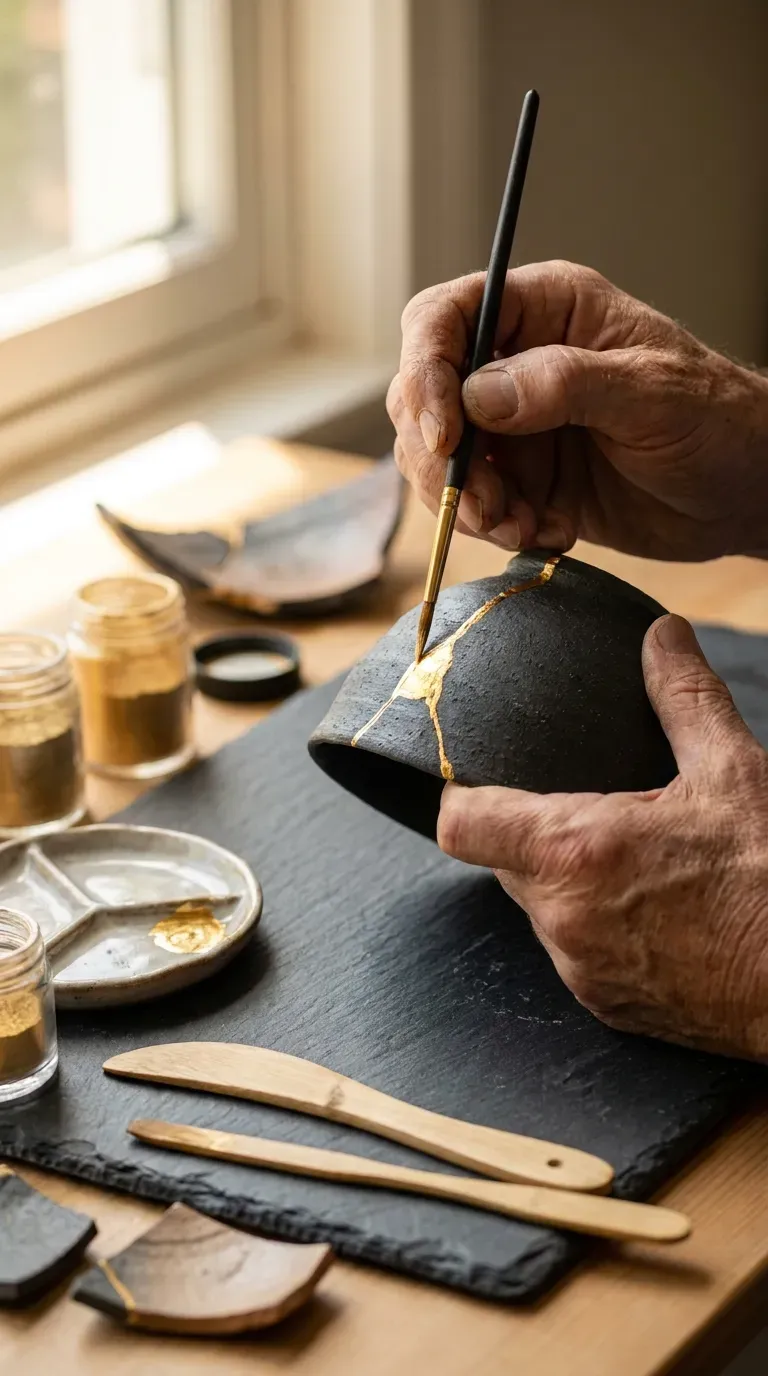 12 Stunning Adult Craft Kits That Will Boost Your Creativity 5 Hands carefully painting gold mica seams onto a broken black ceramic bowl