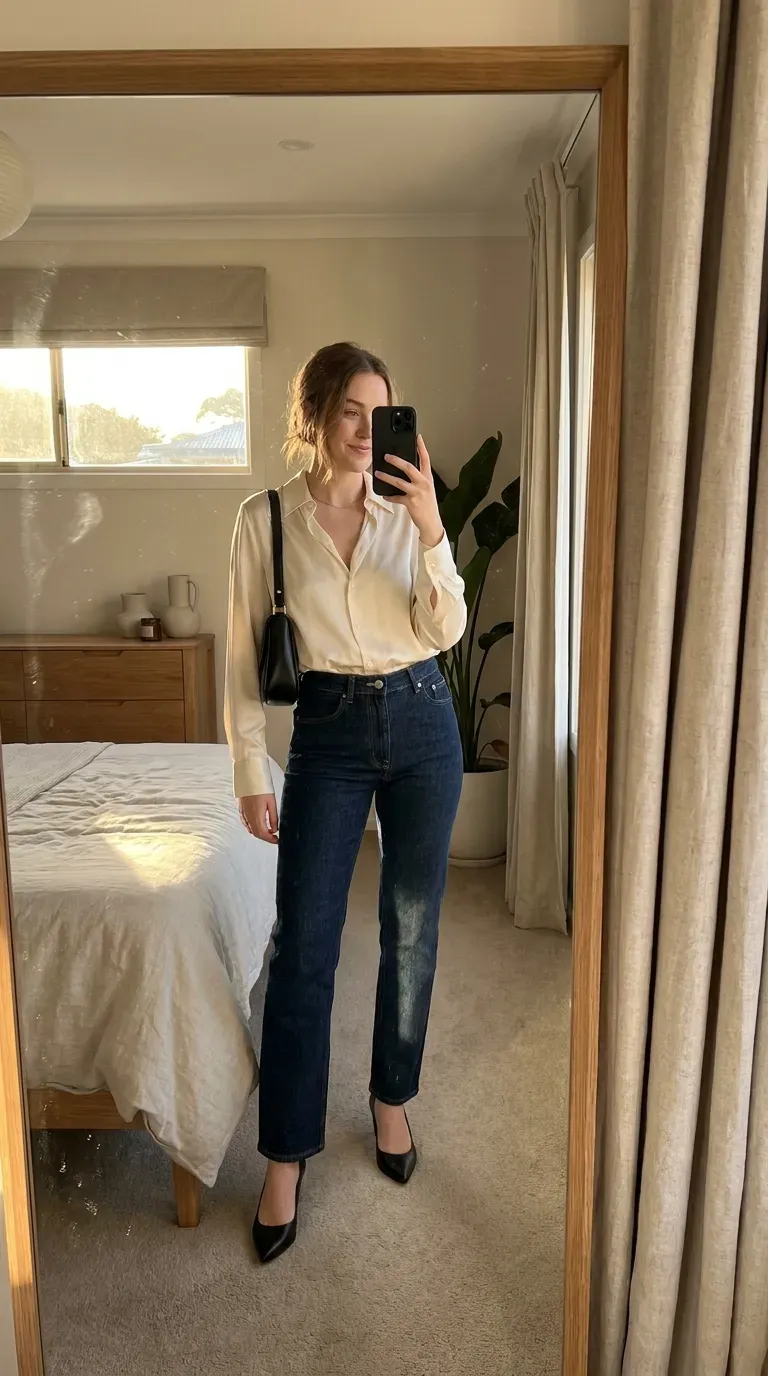 Woman wearing jeans and a silk blouse taking an iPhone mirror selfie.