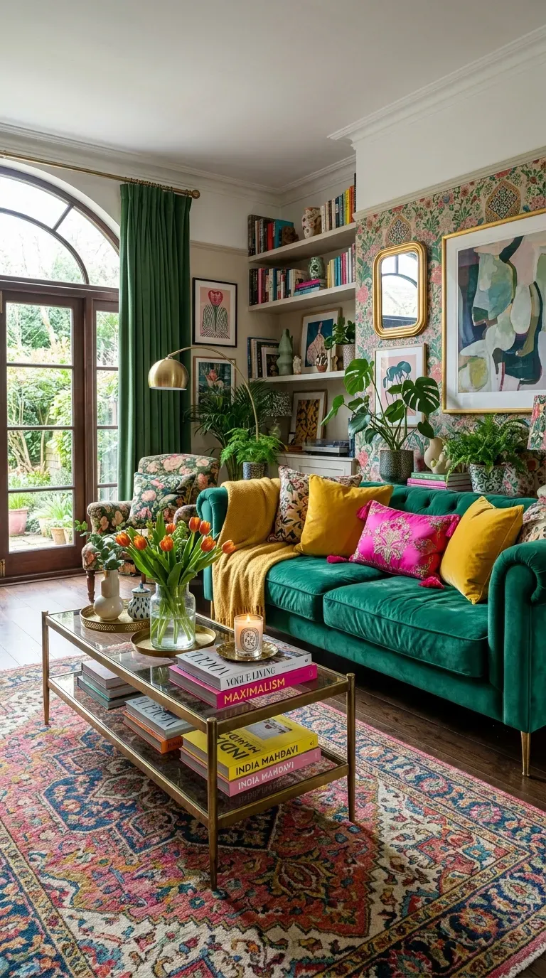 A luxurious emerald green velvet sofa in a colorful living room