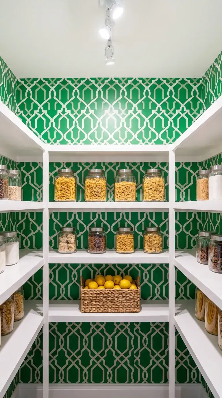 15 Gorgeous Green Aesthetic Wallpaper Ideas You Need to Try 13 A vibrant pantry with bright kelly green trellis patterned wallpaper