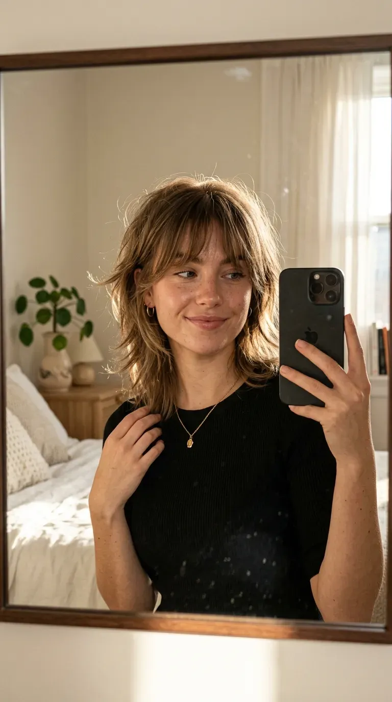 7 Kitty Cut Hairstyle Ideas That Are Soft, Trendy, and Effortlessly Chic 3 Woman with curtain bangs and kitty cut taking an iPhone mirror selfie.