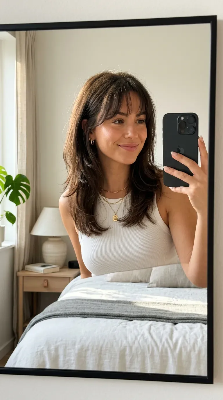 7 Kitty Cut Hairstyle Ideas That Are Soft, Trendy, and Effortlessly Chic 7 Woman with wispy bangs and kitty cut taking an iPhone mirror selfie.