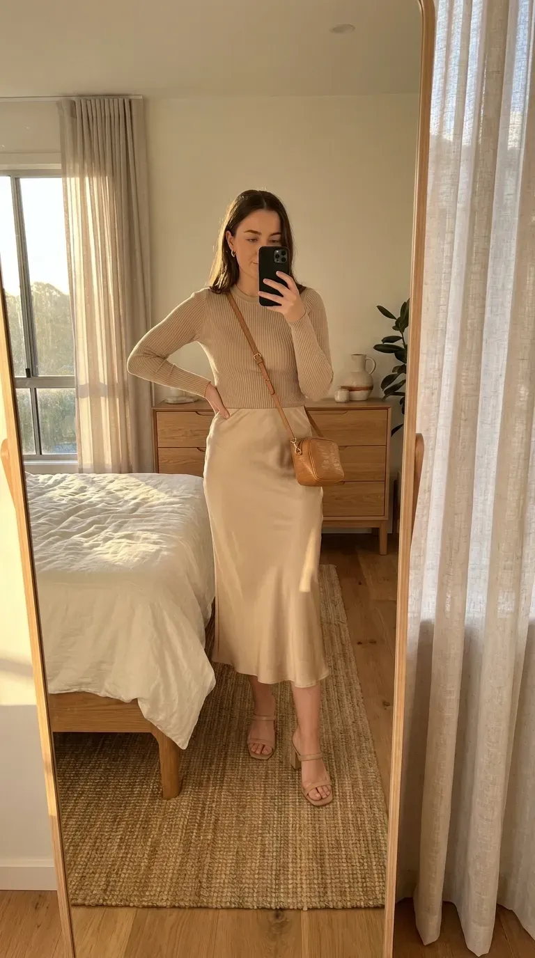 Woman wearing a knit top and satin skirt taking an iPhone mirror selfie.