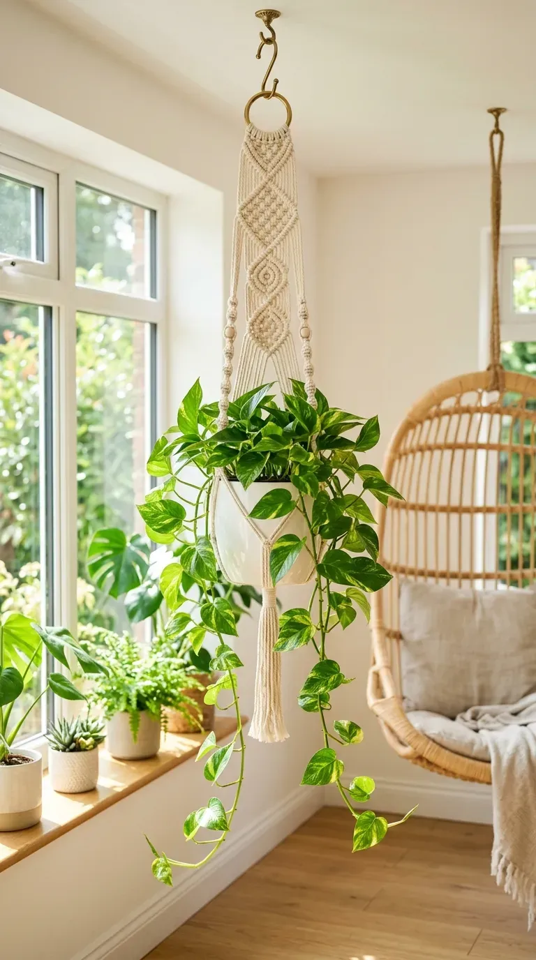 Knotted cream yarn plant hanger holding a trailing pothos plant