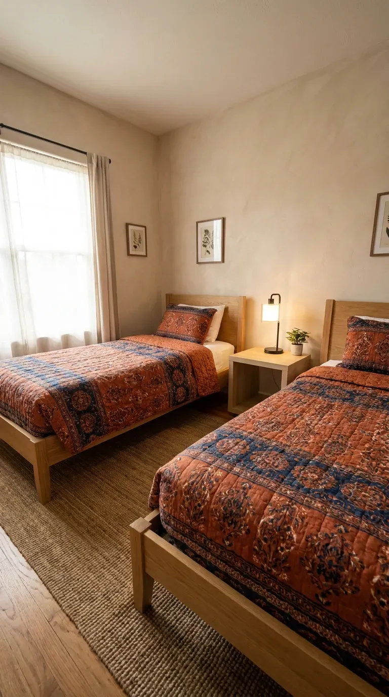 Two twin beds arranged in an L-shape in a bedroom corner