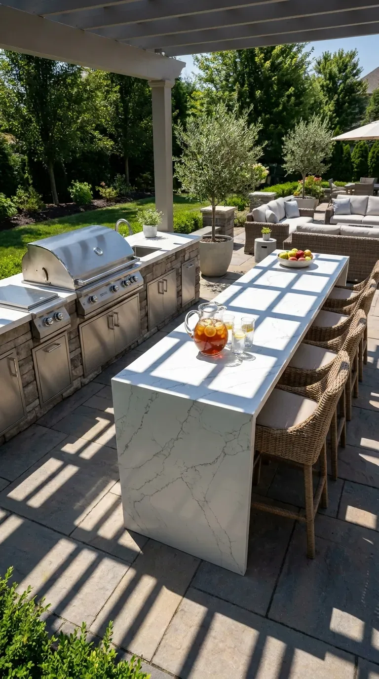 15 Genius Backyard Kitchen Ideas You Need to Try 6 An L-shaped outdoor kitchen with a long bar seating area for guests