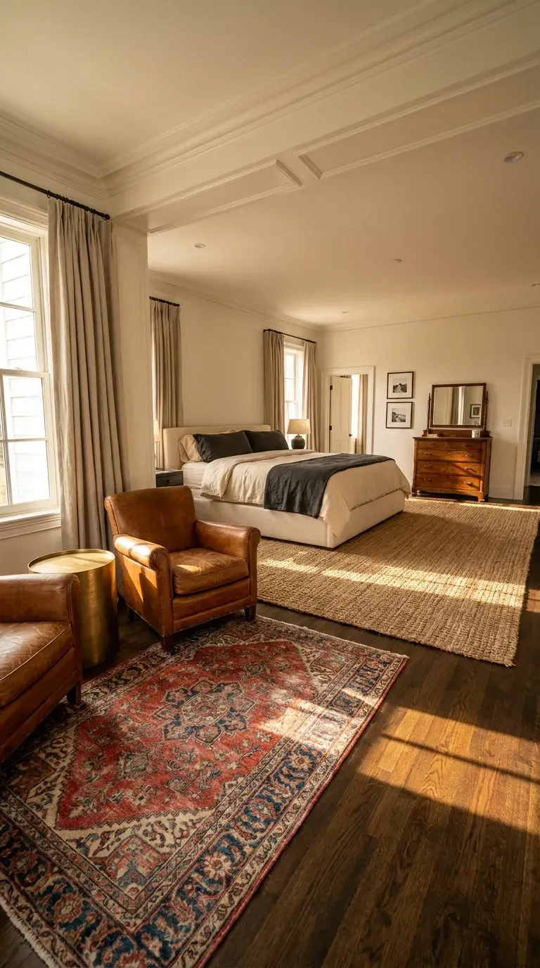 A large bedroom broken into zones using layered textured area rugs