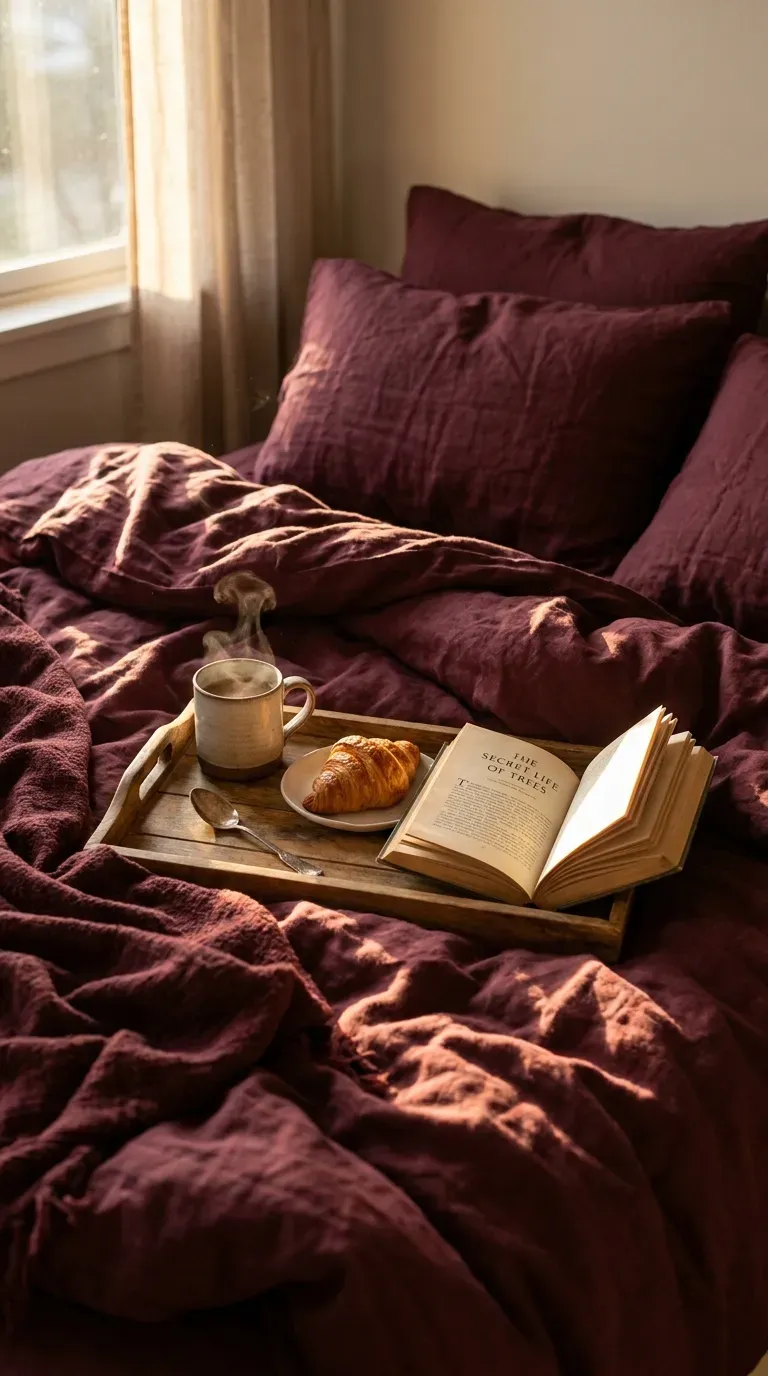 A cozy bed dressed in heavily layered, rich burgundy linen sheets