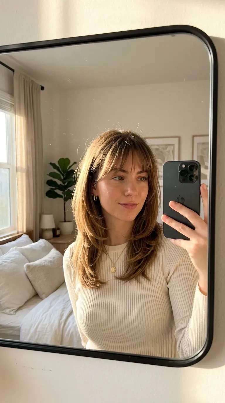 7 Wispy Bangs Haircut Ideas That Are Soft, Chic, and Effortlessly Stylish 6 Woman with layered hair and wispy bangs taking an iPhone mirror selfie.