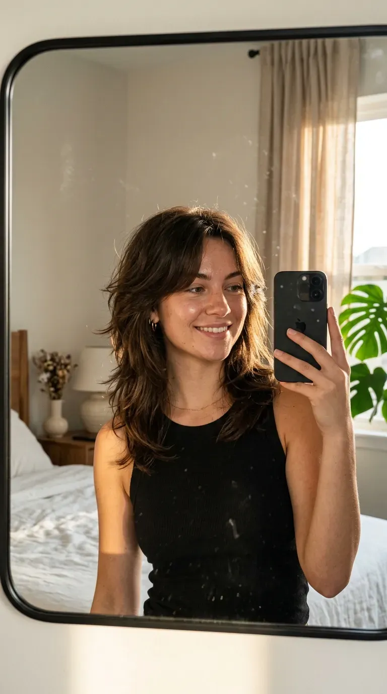 7 Kitty Cut Hairstyle Ideas That Are Soft, Trendy, and Effortlessly Chic 6 Woman with a layered kitty cut taking an iPhone mirror selfie.