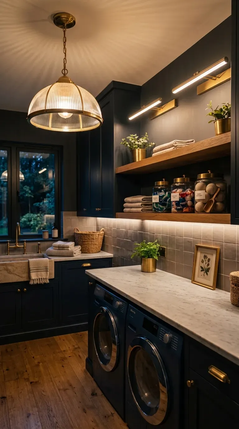 A stylish laundry room illuminated by brass wall sconces and a pendant