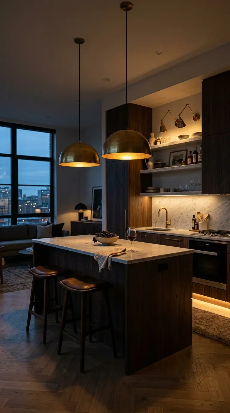 An open kitchen utilizing multiple layers of warm ambient lighting