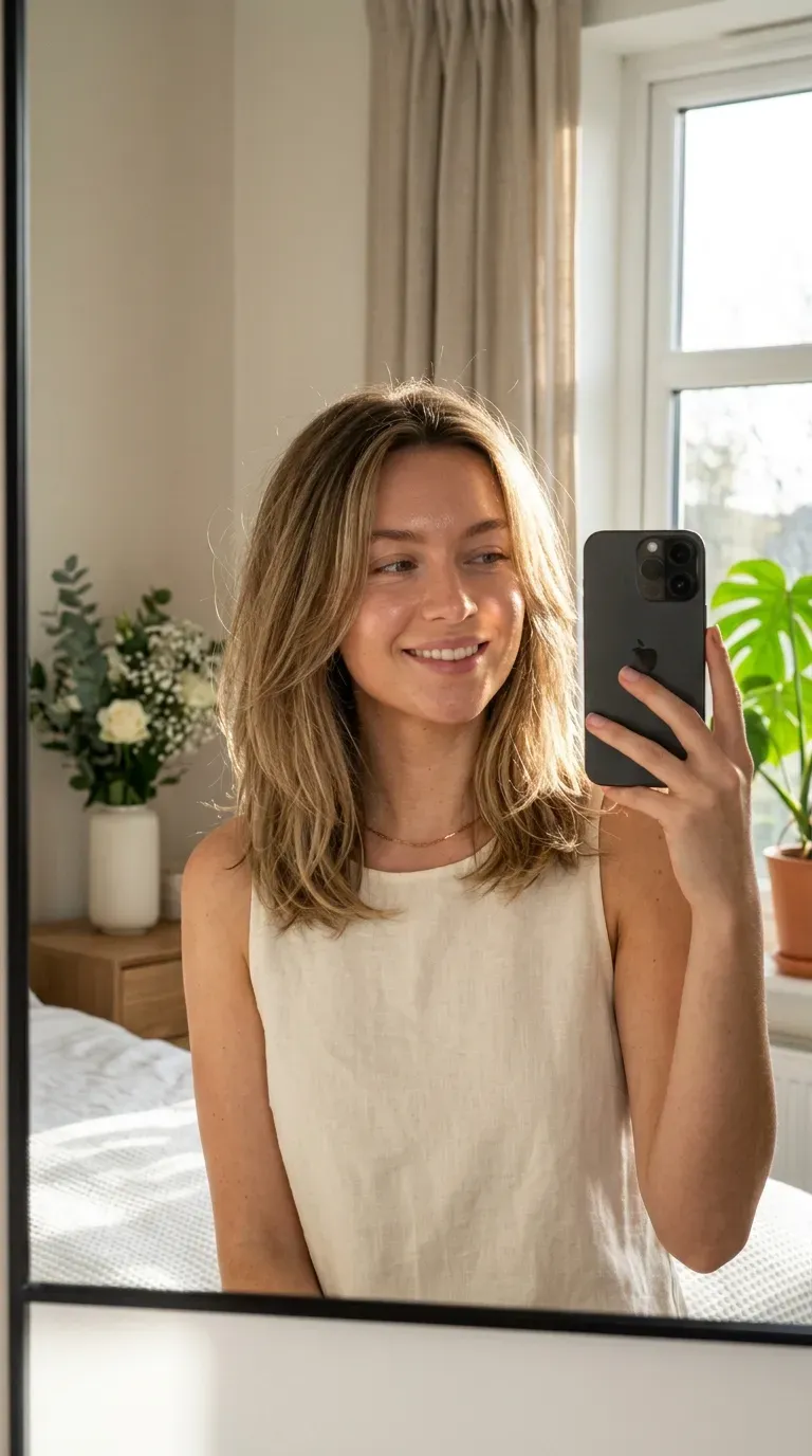 Woman with a layered lob taking an iPhone mirror selfie.