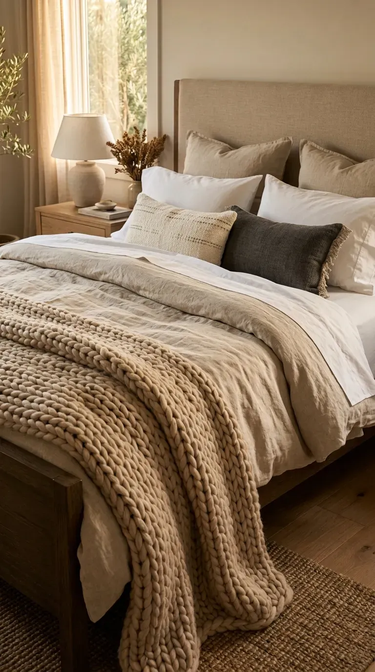 A luxurious guest bed styled with layers of white linen and chunky knits