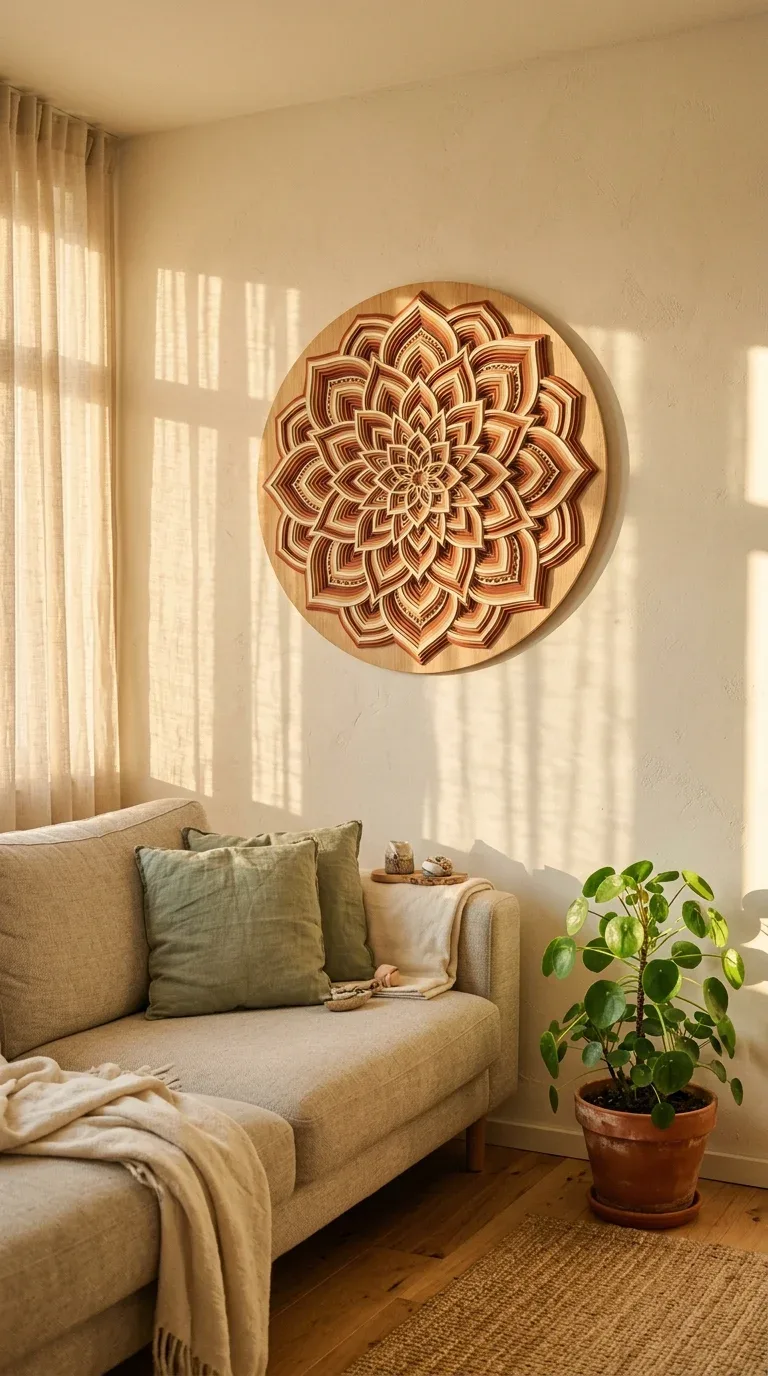21 Easy Cricut Home Decor Projects You'll Love 11 A layered cardstock mandala wall hanging in graduated warm tones on a living room wall
