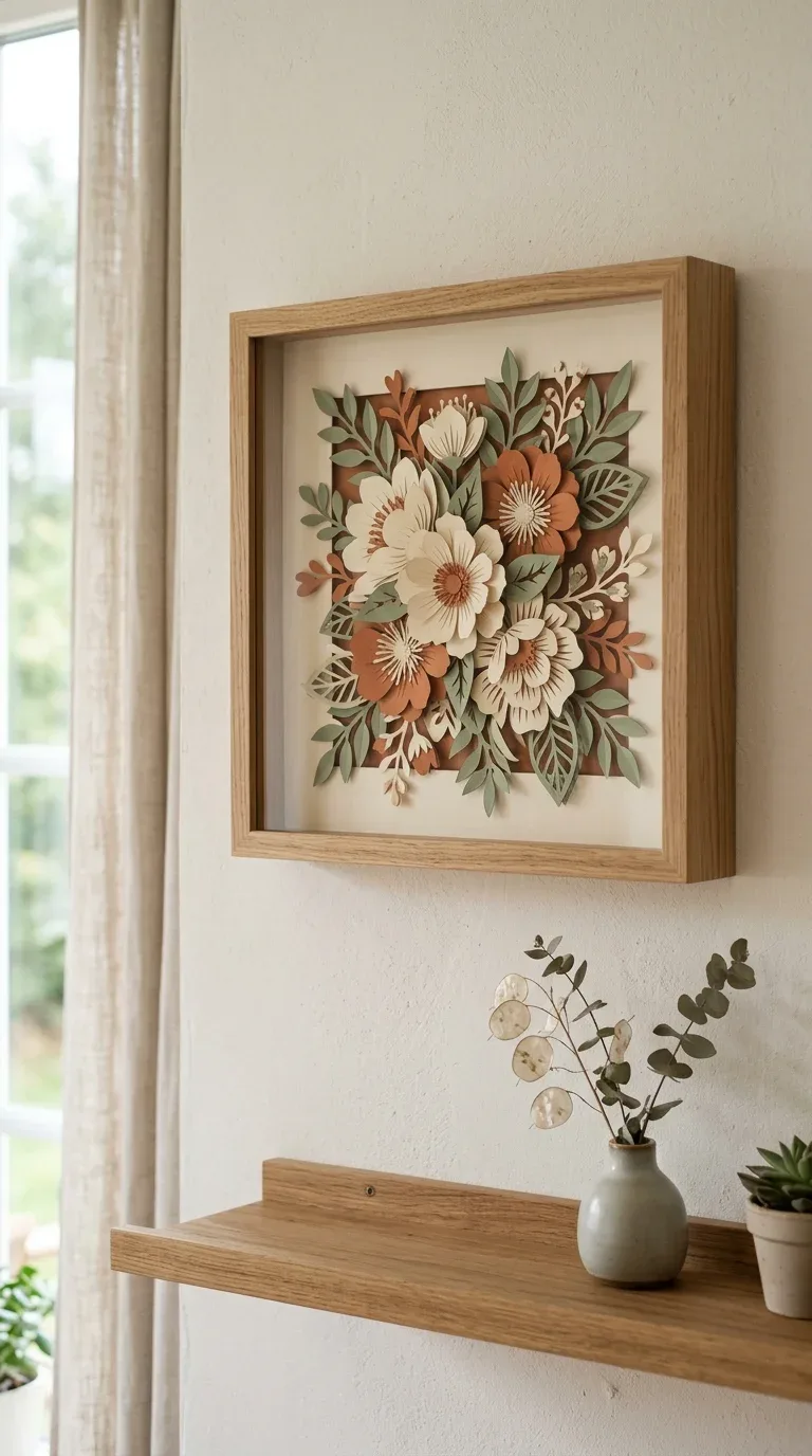 21 Easy Cricut Home Decor Projects You'll Love 5 A layered paper cut floral design mounted in a shadow box frame as wall art