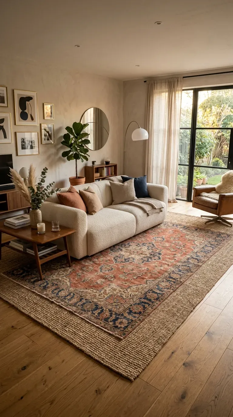 15 Genius Living Room Decor Ideas You Need to Try 2 A living room featuring a vintage Persian rug layered over a jute rug