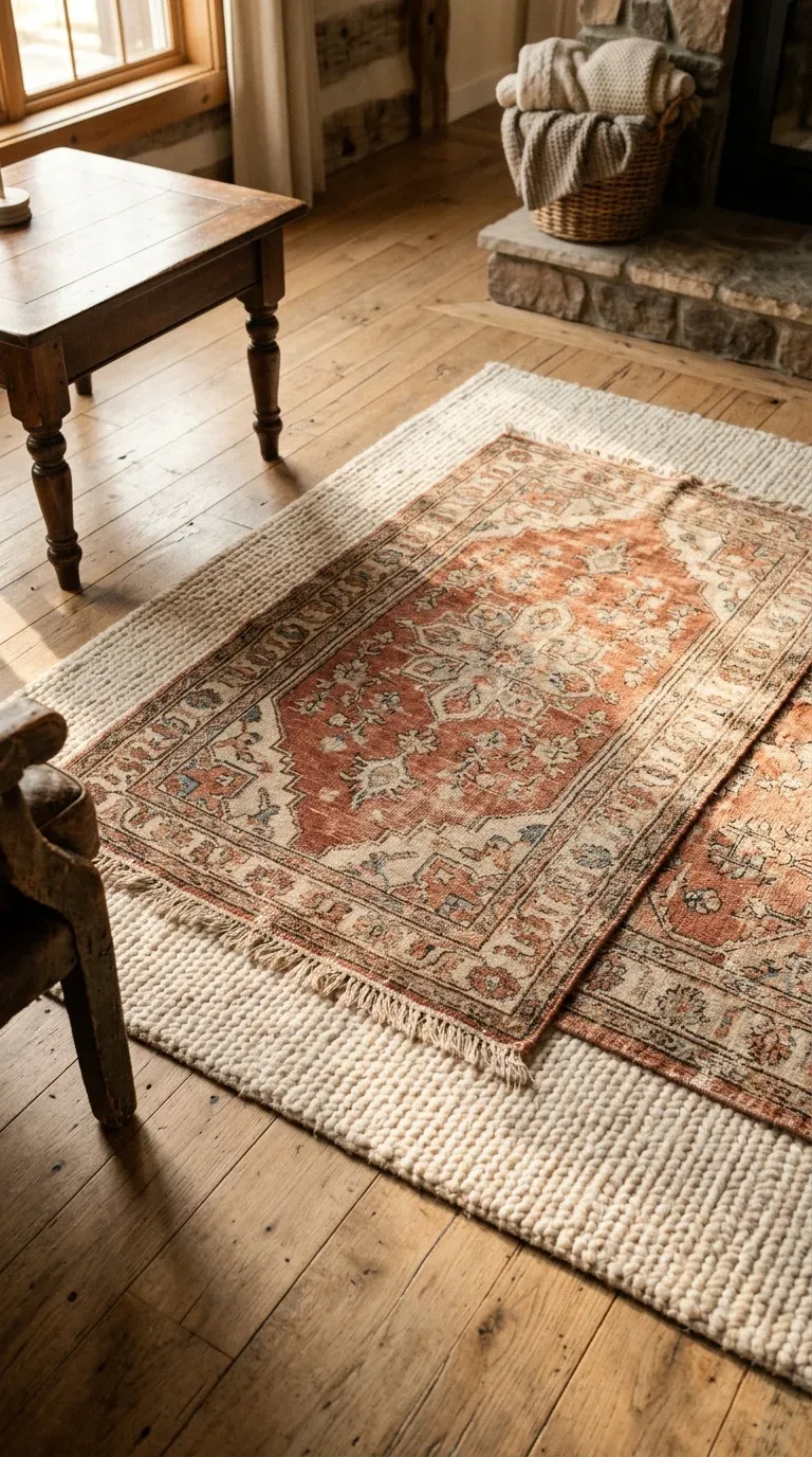 A small patterned rug layered over a larger neutral rug in a living room for added texture