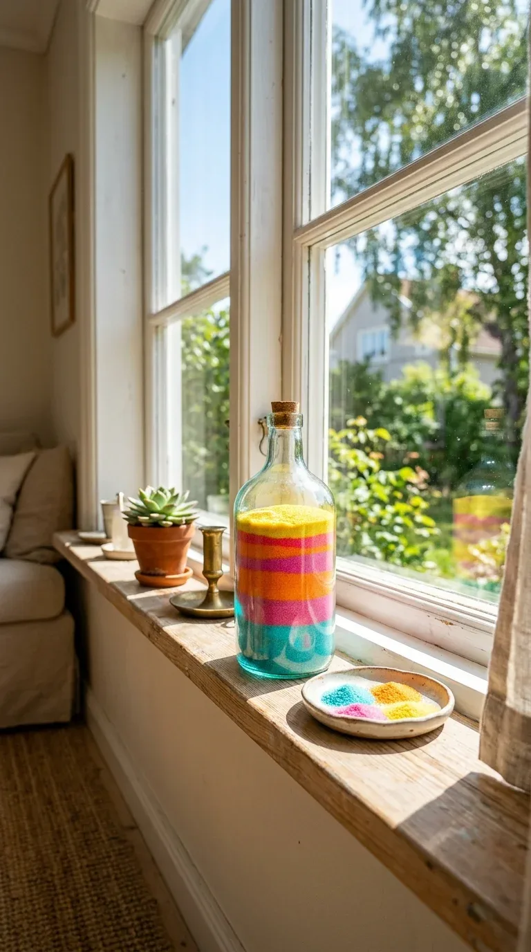 18 Fun Summer Craft Activities for Any Age 8 A glass bottle filled with layers of colorful dyed sand sitting on a sunny windowsill